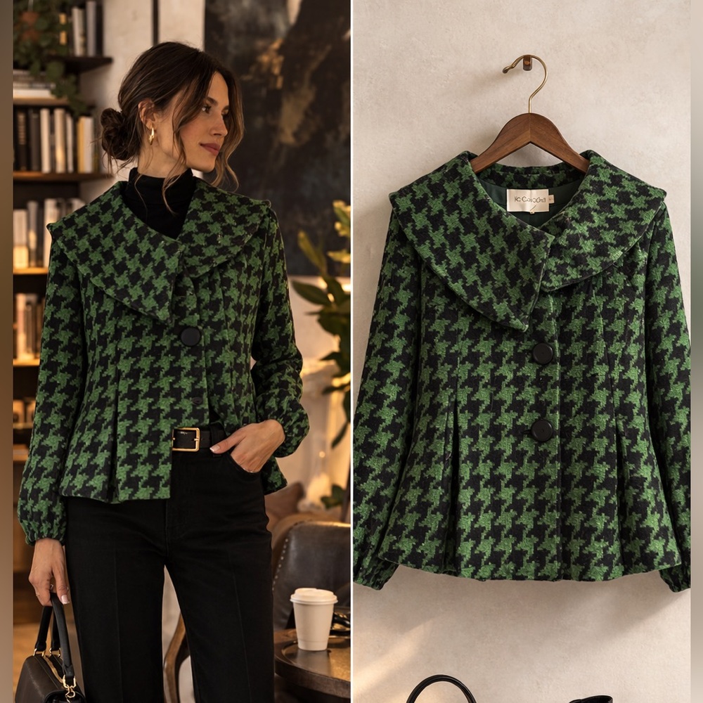 Holy Codi Studio Green Black Houndstooth Jacket M 6-8 Wool Blend Mod Swing Coat